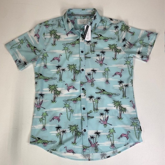 Departwest Performance Button Up Shirt Alligator Flamingo Palm Tree‎ Medium - Picture 1 of 6
